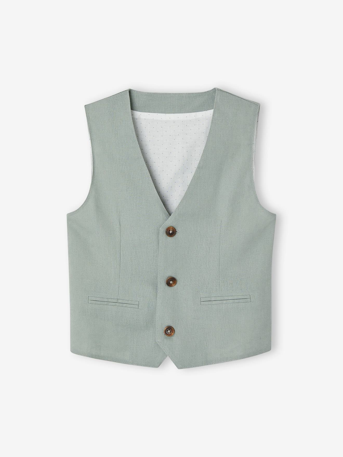 Veste garçon cérémonie sans manches en coton/ lin vert sauge