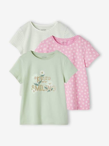 Lot de 3 t-shirts Basics détails irisés fille framboise+jaune pastel+lot camel+lot encre+marine+vert sauge 40 - vertbaudet enfant 