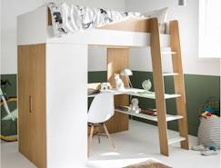 Lit mezzanine avec armoire et bureau OPUS - Blanc/Bois  - vertbaudet enfant