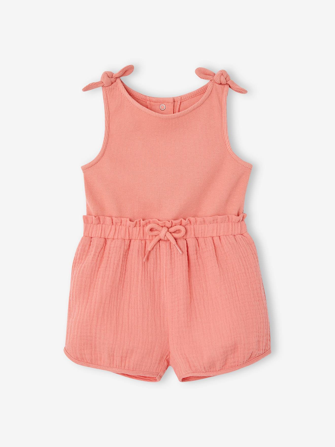 Combi-short avec noeuds bébé bi-matière corail