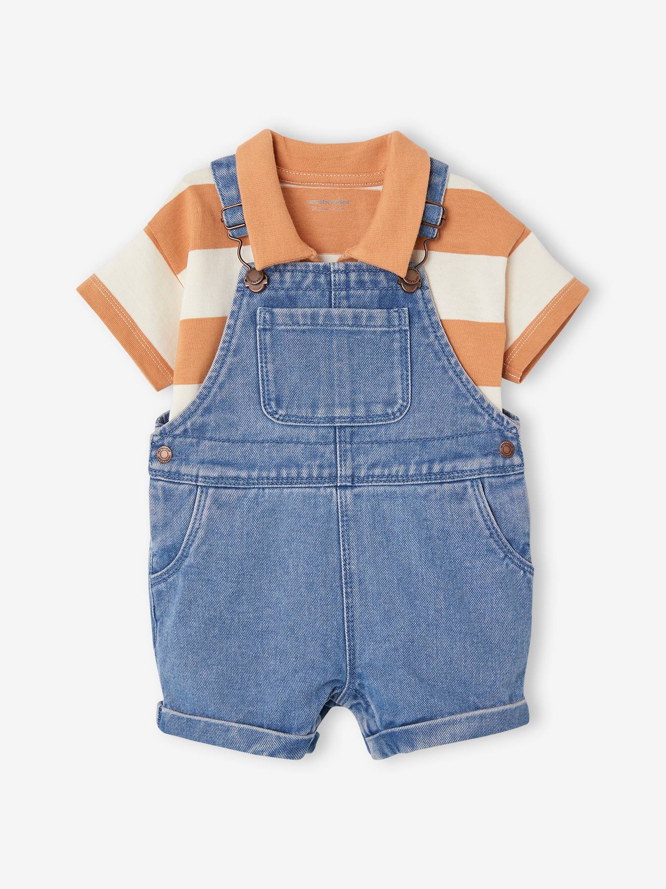 Ensemble bébé salopette courte en denim et son polo rayé pêche