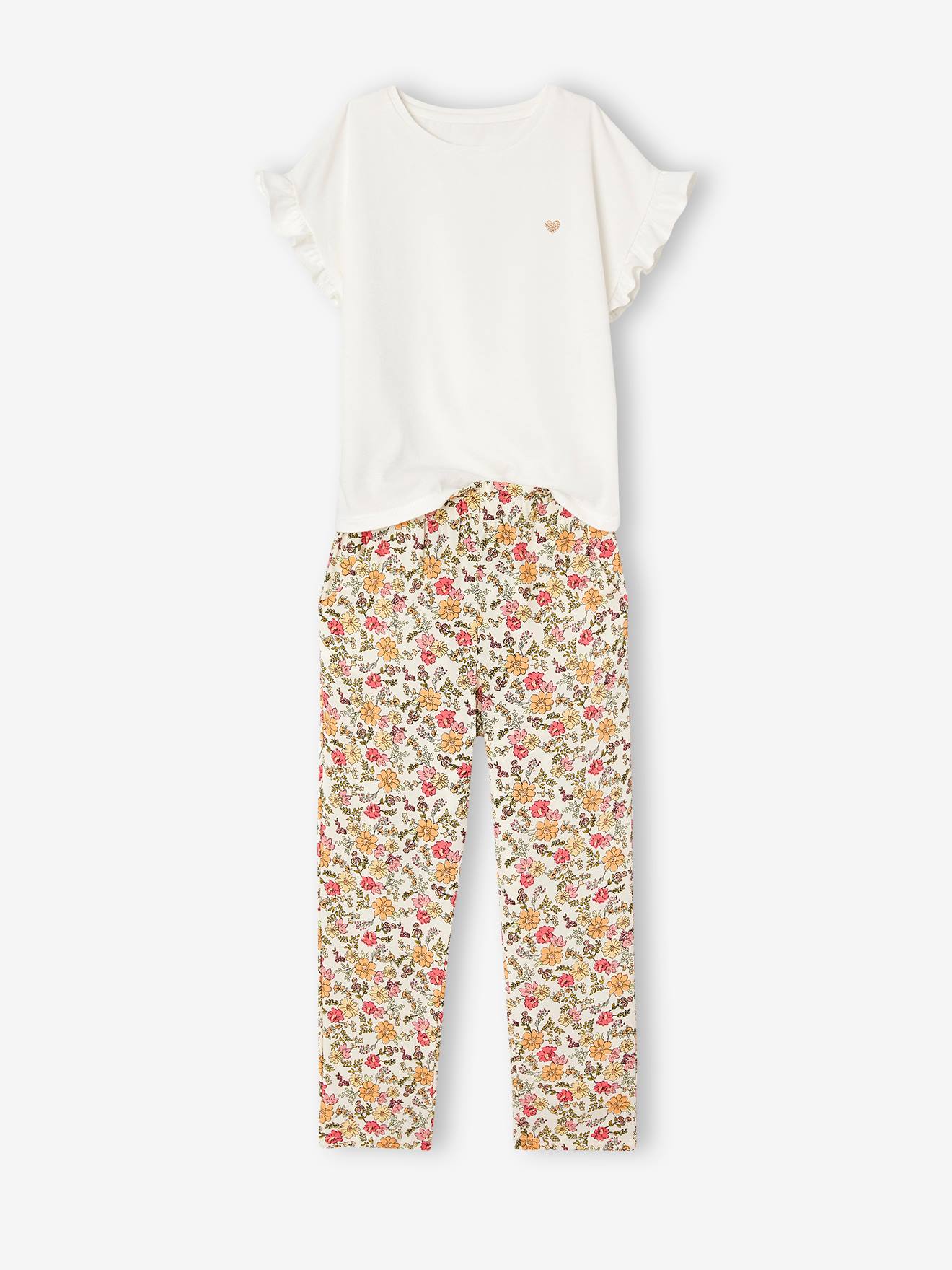 Ensemble tee-shirt + pantalon fille écru