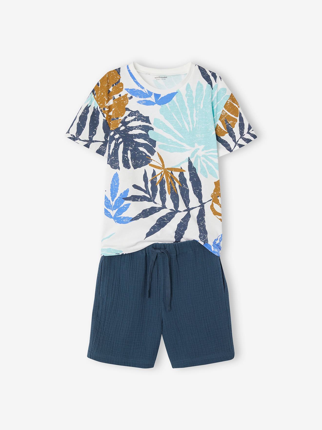 Ensemble tee-shirt + short en gaze garçon bleu nuit