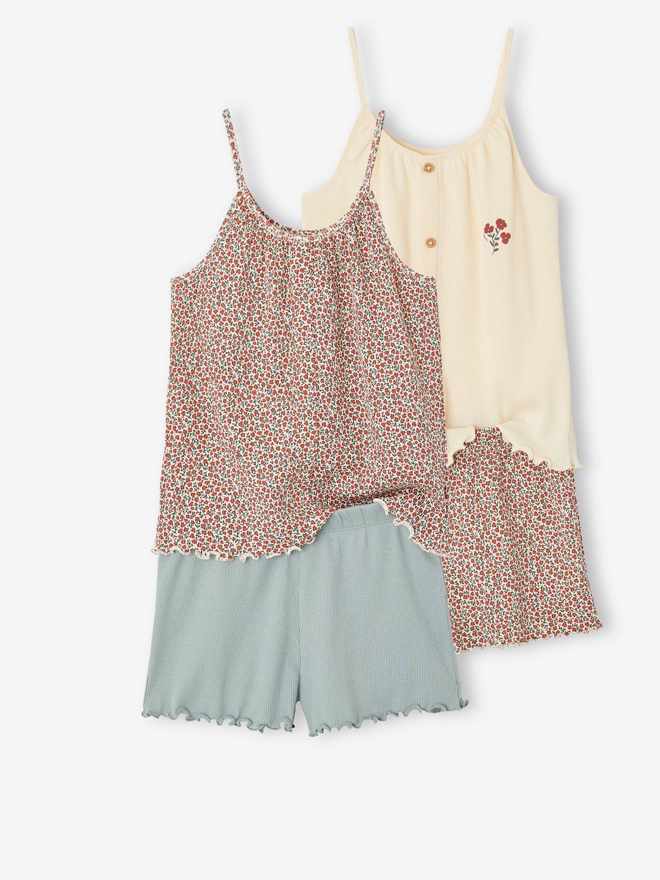 Lot de 2 pyjashorts fille en maille côtelée bleu grisé