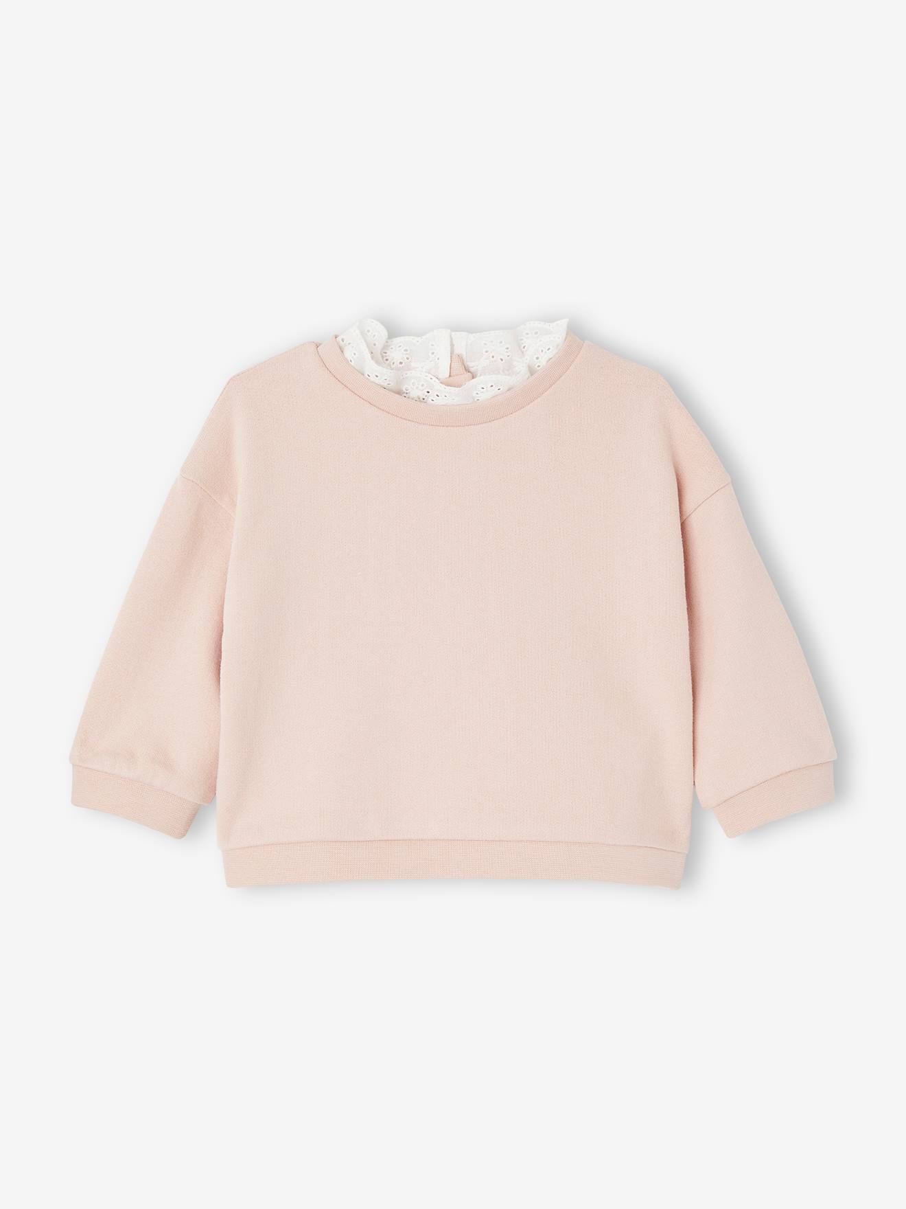 Sweat col en broderie anglaise bébé rose poudré