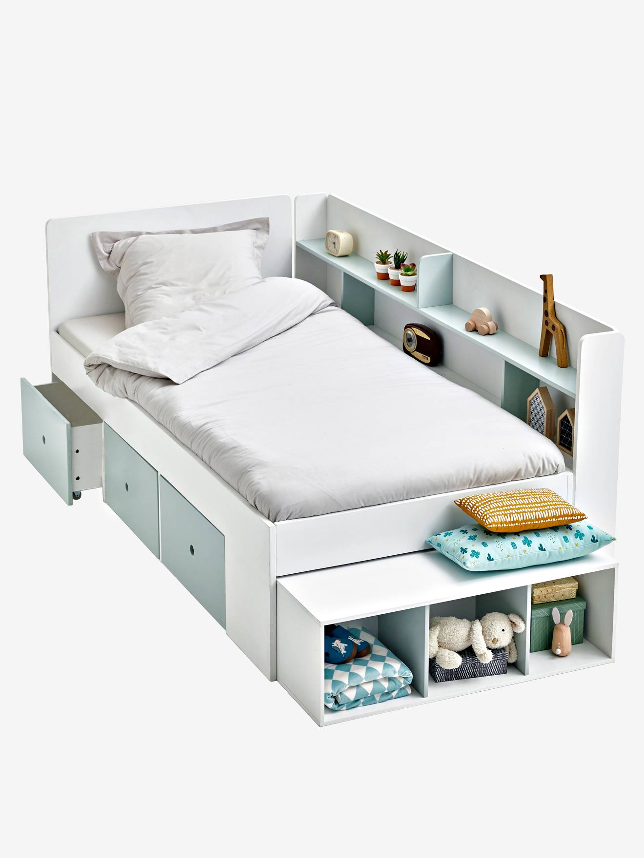 Lit plateforme enfant avec rangements BASEO bleu grisé