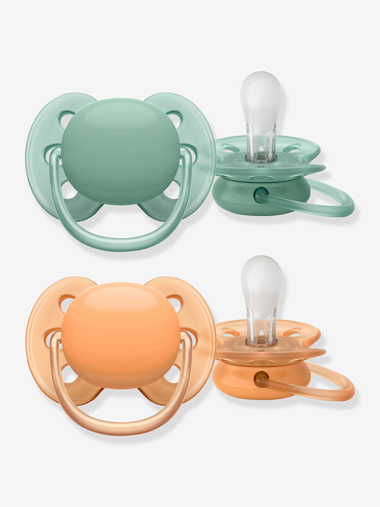 Lot de 2 sucettes ultra soft 1er âge Philips AVENT vert d'eau + rose orangé