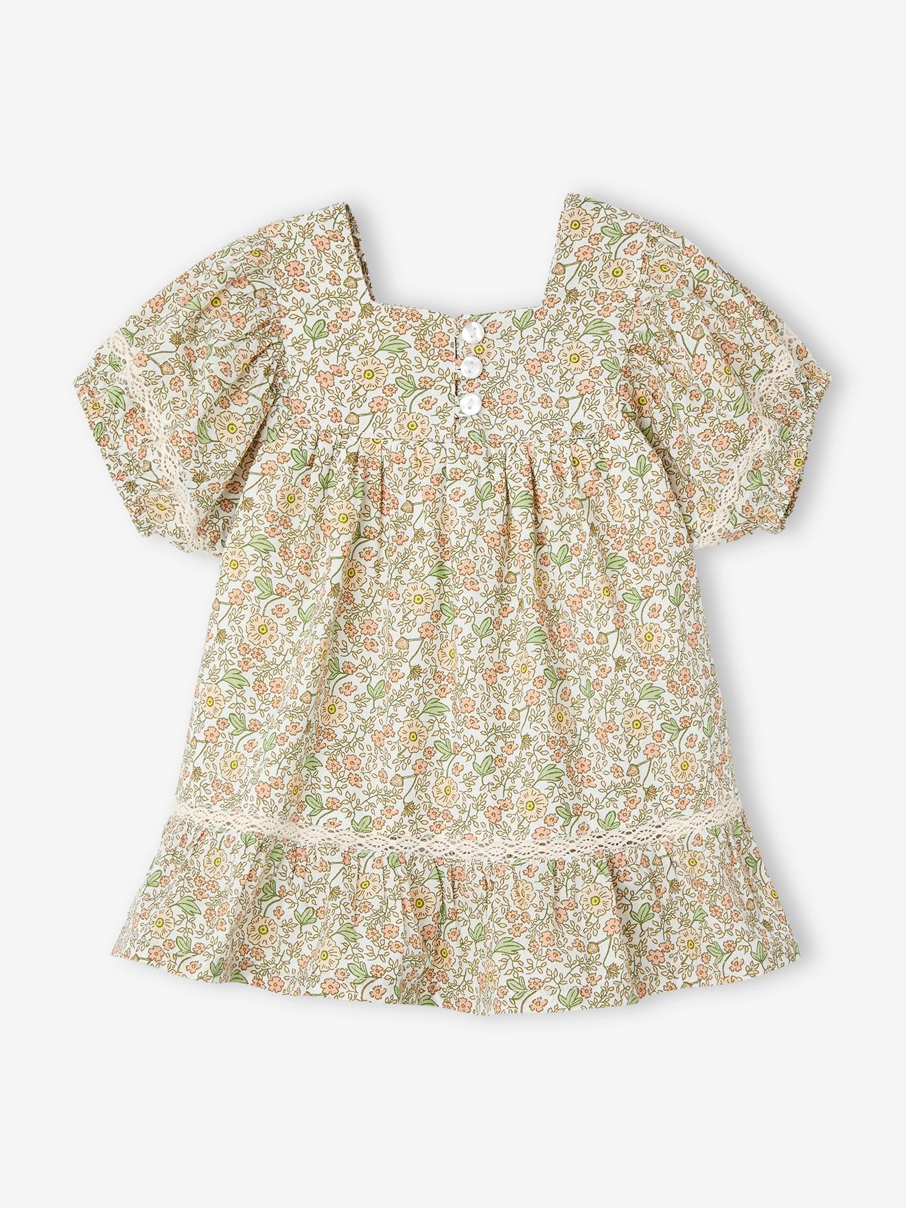 Robe fleurie bébé détails en dentelle vanille
