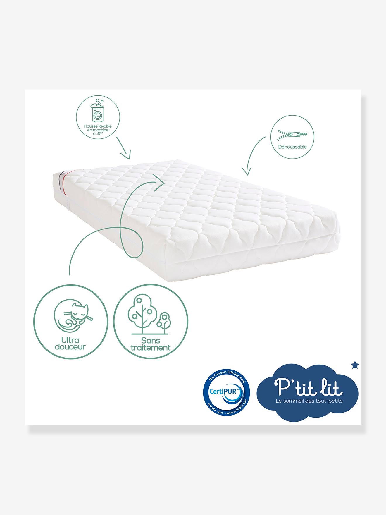 Matelas bébé Bamboo non traité déhoussable blanc (P'Tit Lit) - Image 1