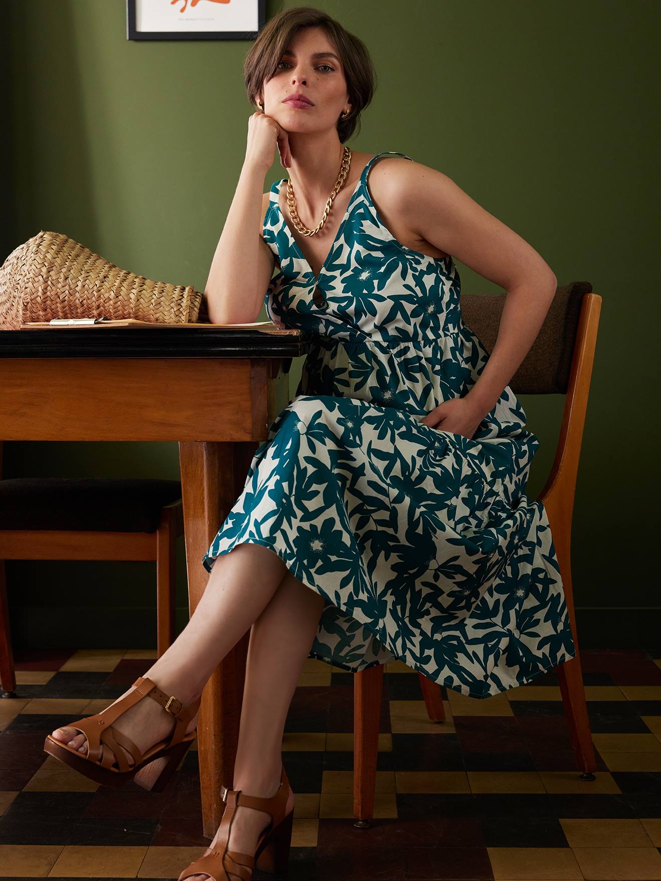 Robe longue à bretelles grossesse vert