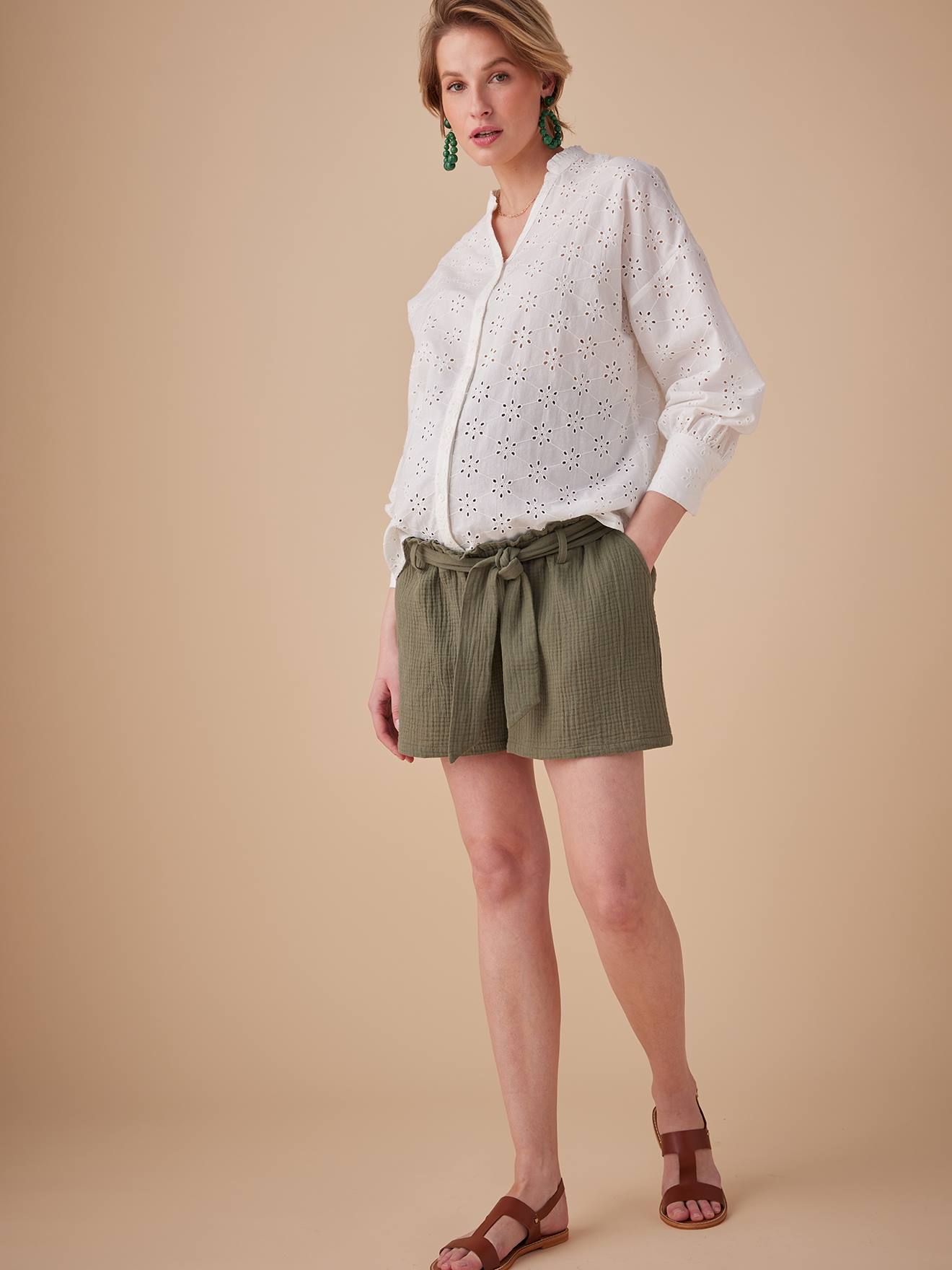 Short grossesse effet paperbag en gaze de coton olive