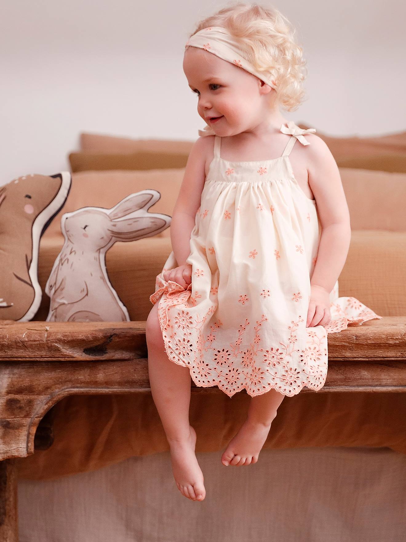 Robe brodée et son bandeau assorti bébé écru
