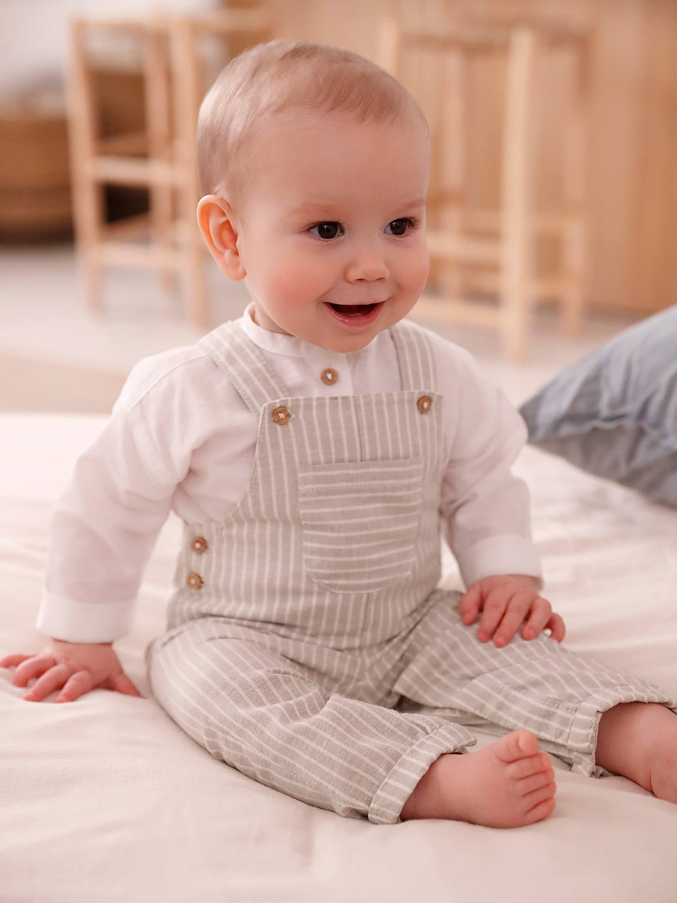 ensemble cérémonie chemise et salopette naissance en lin et coton argile