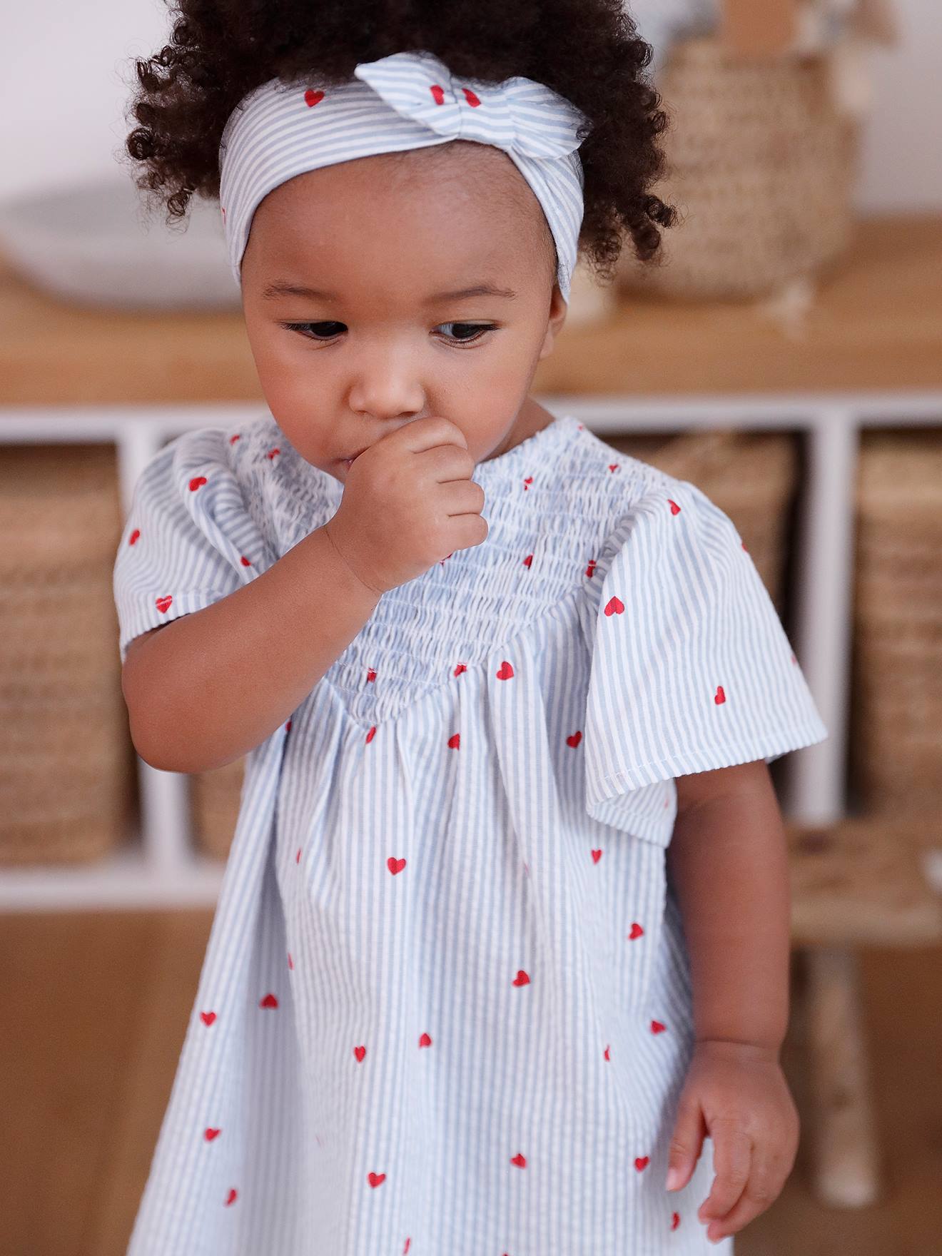 Ensemble en seersucker robe + short + bandeau bébé rayé bleu (Vertbaudet) - Image 2