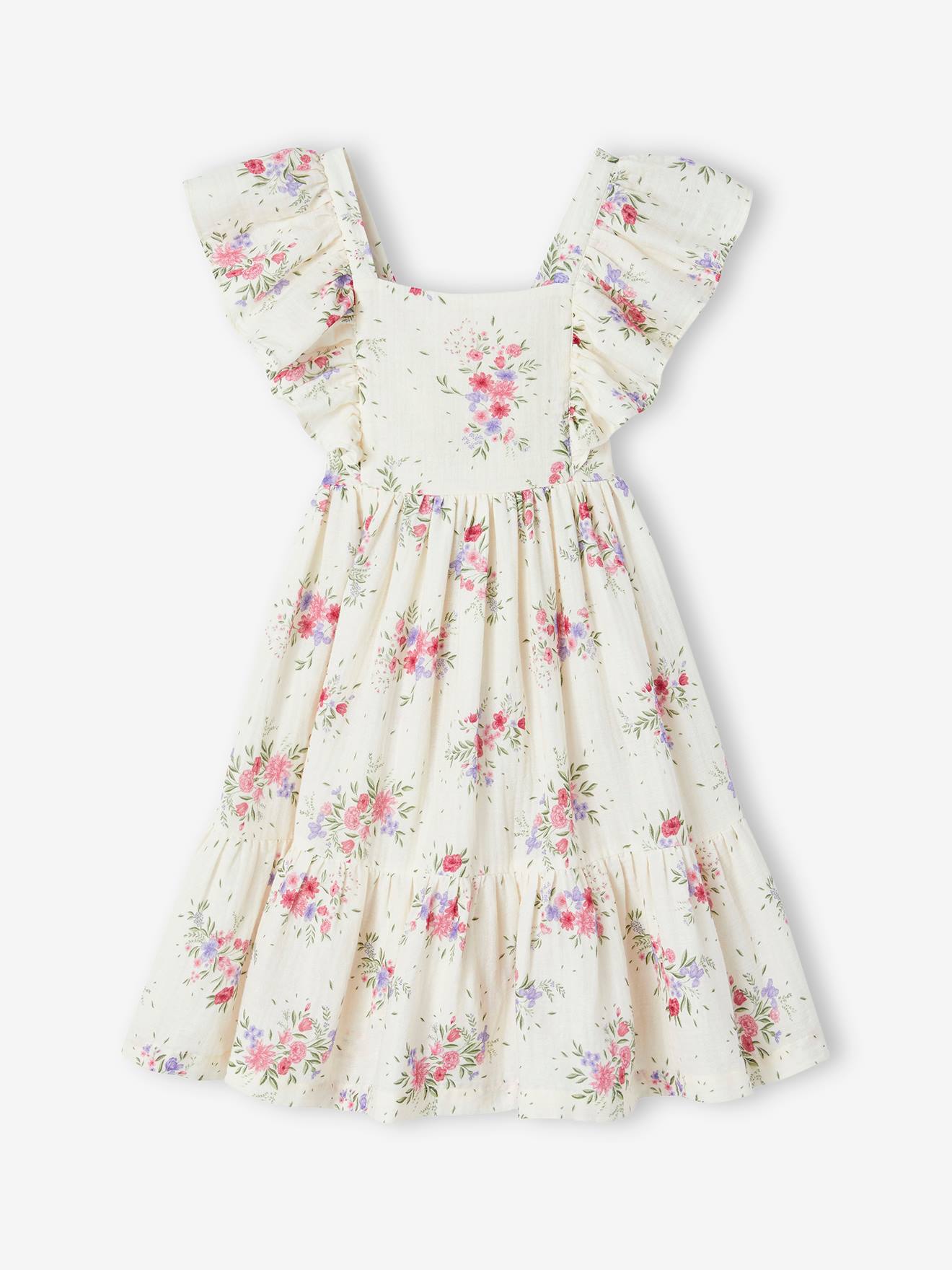 Robe à fleurs en gaze de coton fille écru