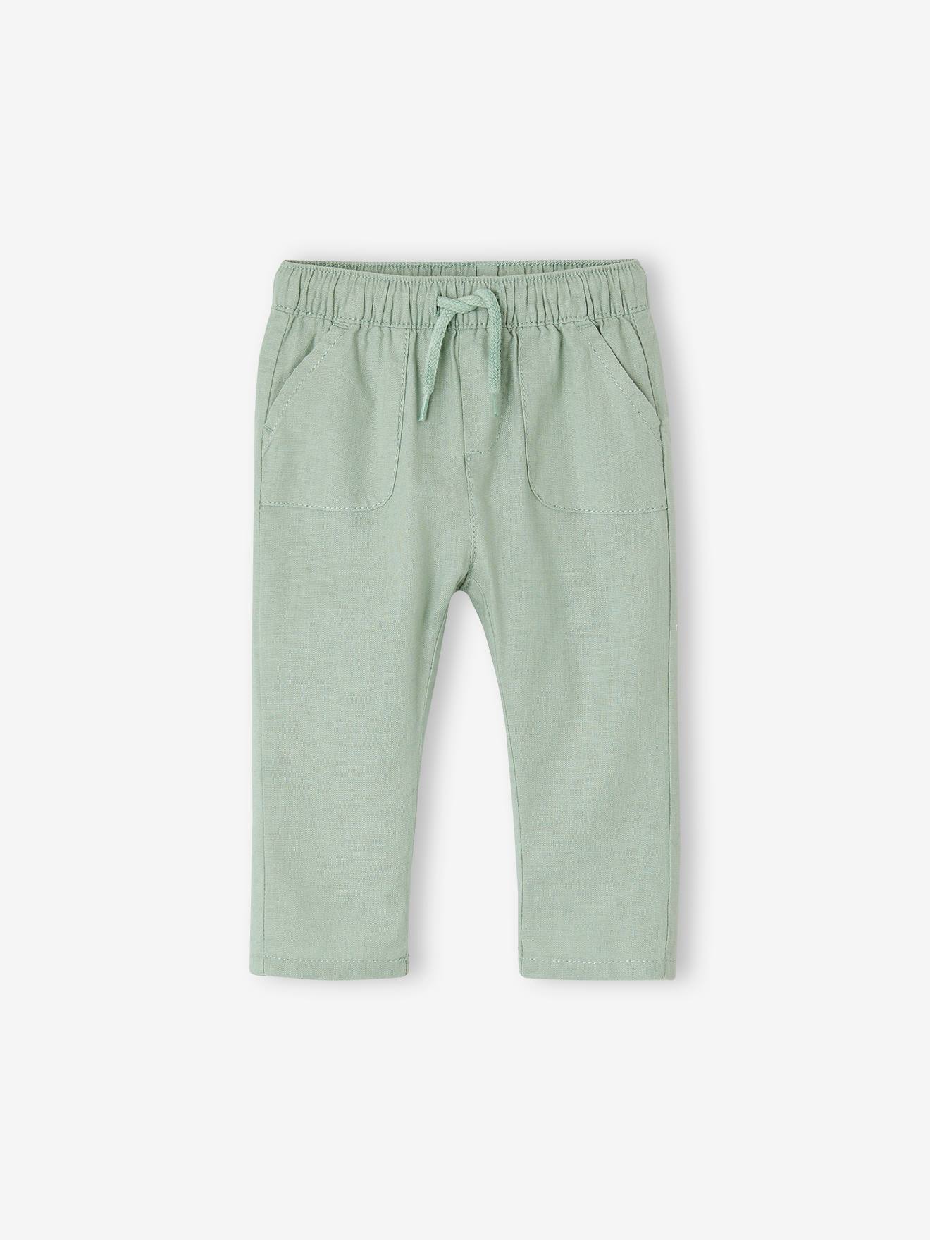 Pantalon léger en lin et coton bébé vert sauge