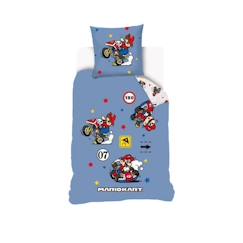 Linge de maison et décoration-Linge de lit enfant-MARIO - Housse de couette Mario Kart 140x200 cm + 1 Taie D'Oreiller 63x63 cm - 100% Coton - Bleu