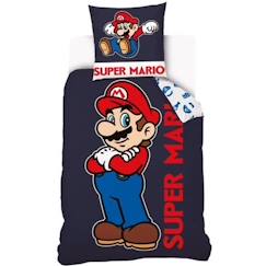 MARIO - Housse de couette Super Mario 140x200 cm + 1 Taie D'Oreiller 63x63 cm - 100% Coton - Bleu Marine  - vertbaudet enfant