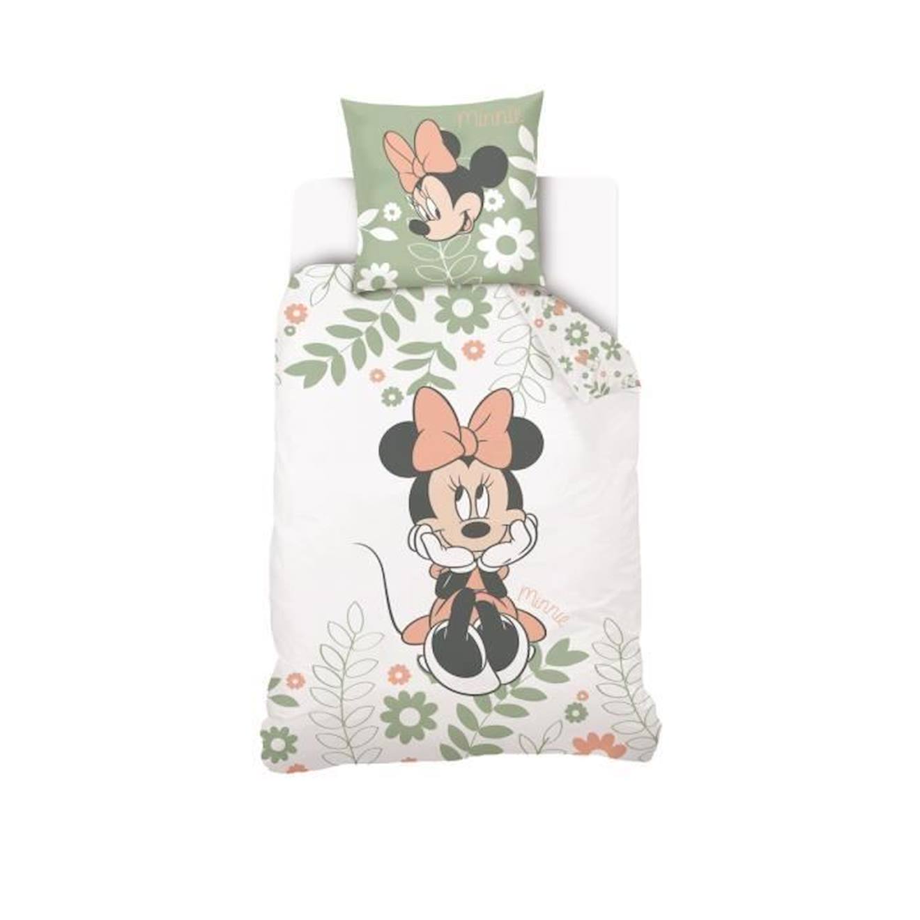 Disney - Housse De Couette Minnie - Disney - 140x200 Cm - 100% Coton - Vert Blanc