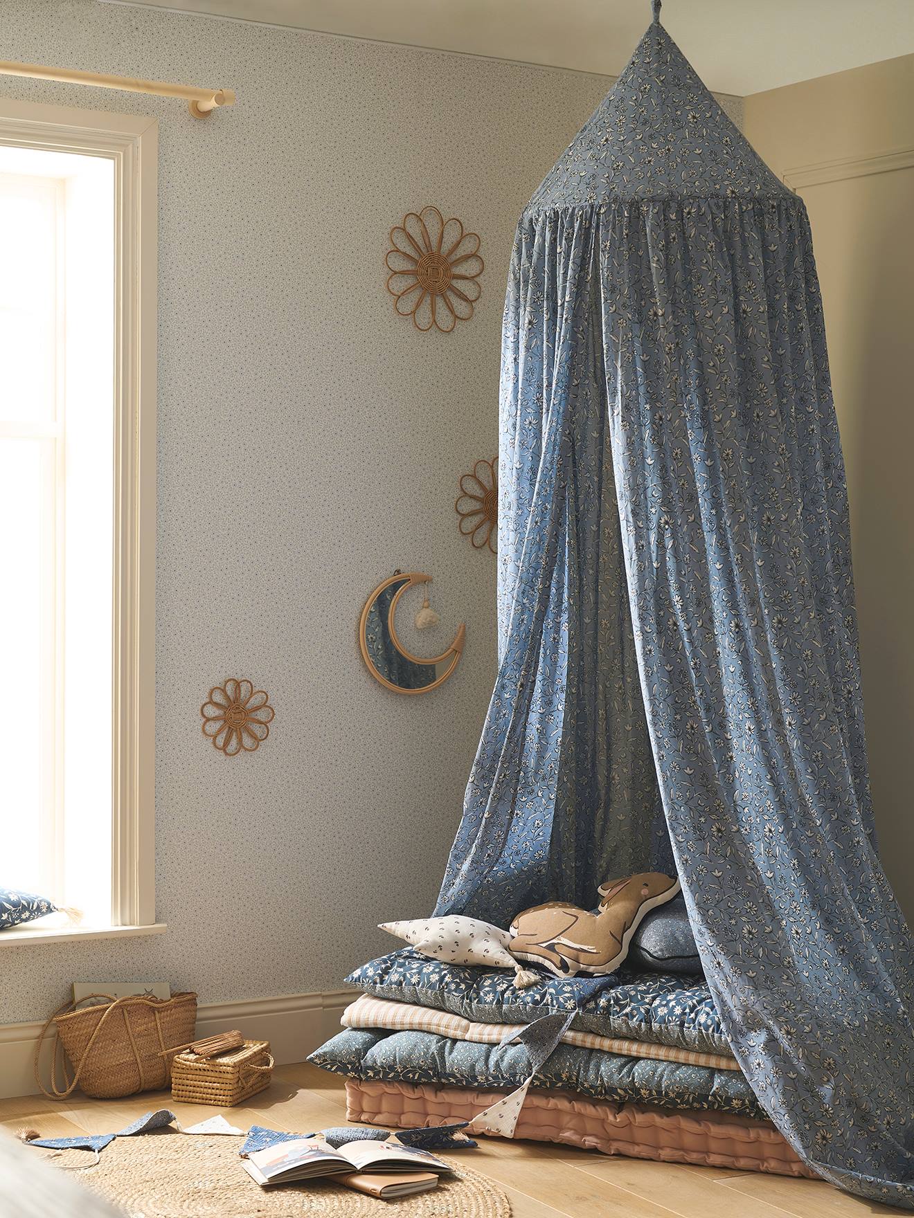 Ciel de lit en coton lavable motif fleur INDIA bleu imprimé