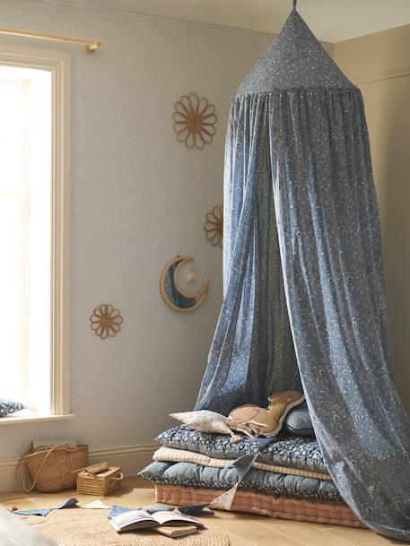 Vertbaudet - Ciel de lit en coton lavable motif fleur INDIA bleu imprimé