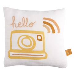 -Coussin décoratif - Sauthon - 25x25cm - Coton blanc - Motif appareil photo - Chambre enfant