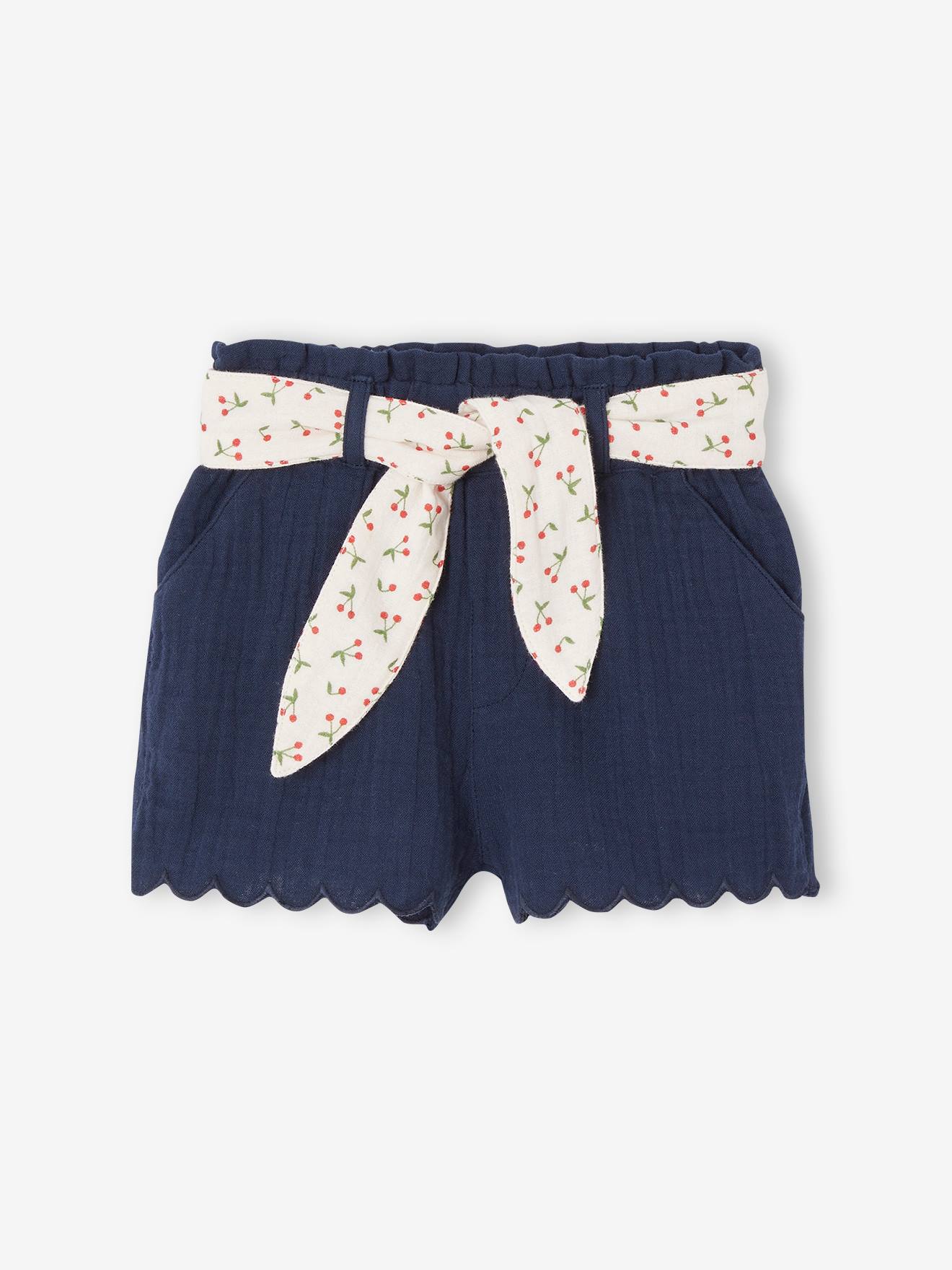 Short bébé en gaze de coton avec ceinture fleurie marine