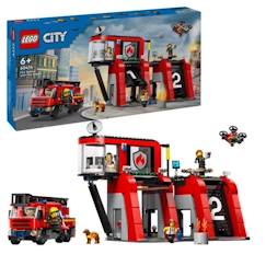 Jouet-LEGO® 60414 City La Caserne et le Camion de Pompiers, Jouet de Figurine de Chien et 5 Minifigurines, Cadeau Enfants