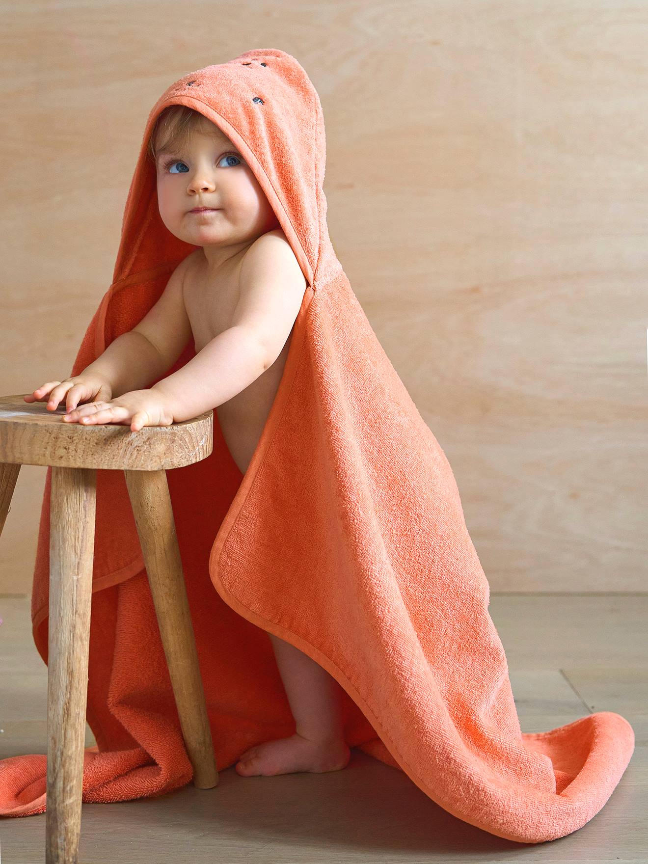 Cape de bain / Serviette à capuche Bébé et Enfant, avec coton recyclé pêche