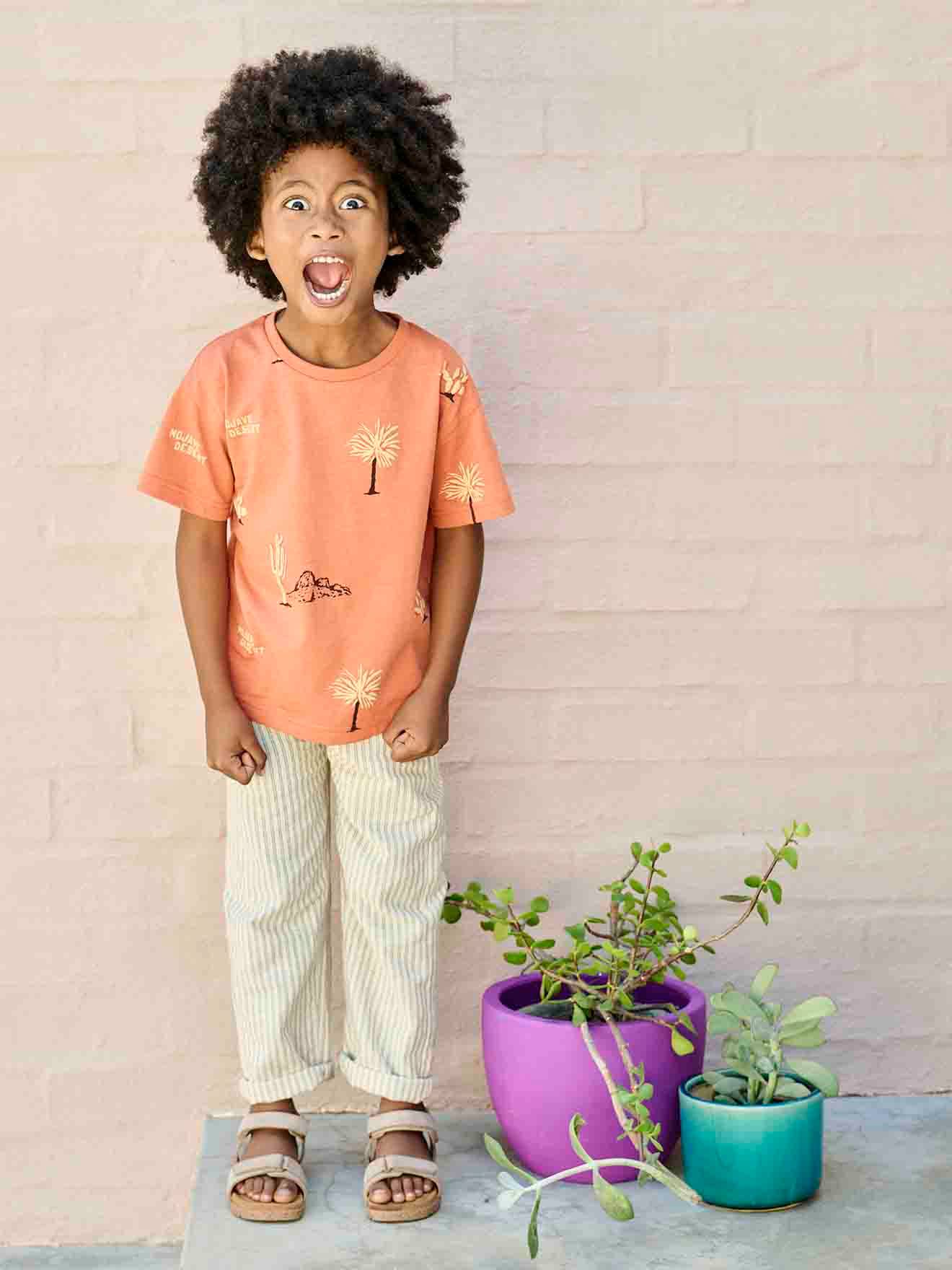 Pantalon rayé forme loose garçon coton/lin rayé beige