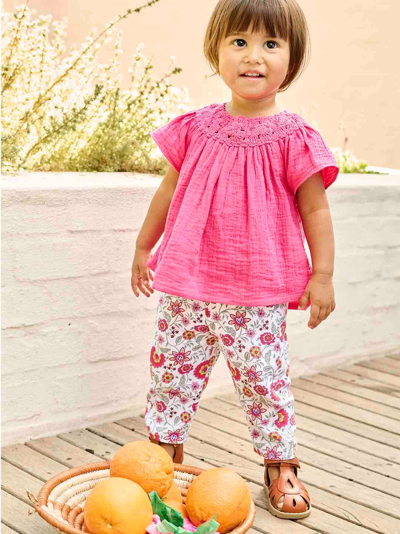 Pantalon fleuri bébé taille élastiquée écru