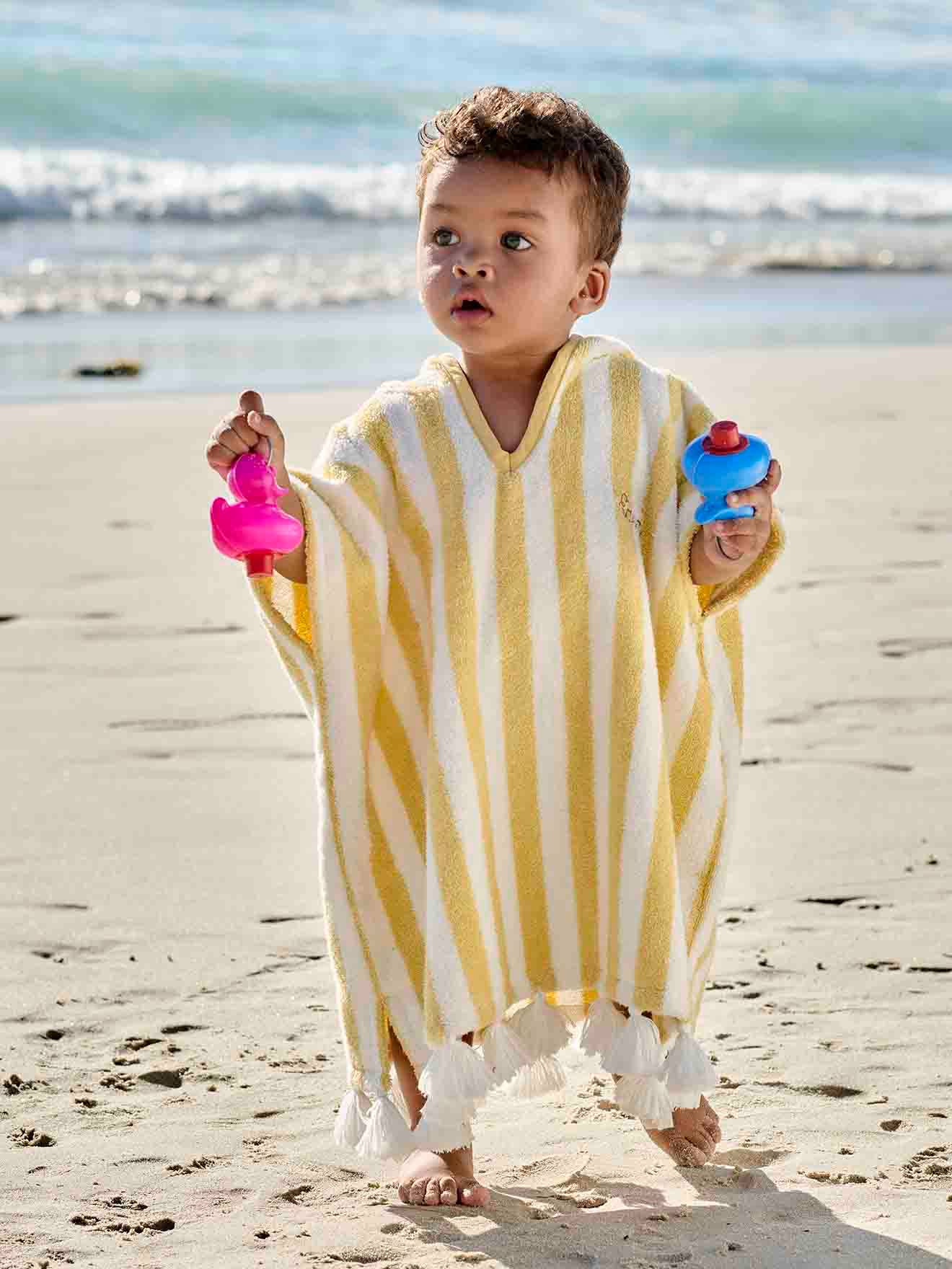 Poncho de bain bébé à rayures personnalisable rayé jaune (Vertbaudet) - Image 1