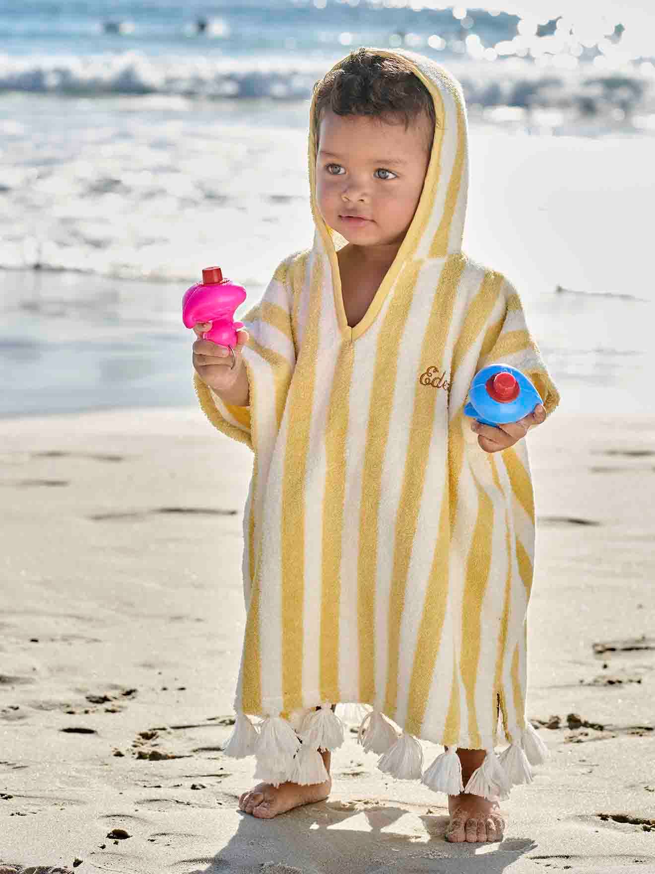 Poncho de bain bébé à rayures personnalisable rayé jaune