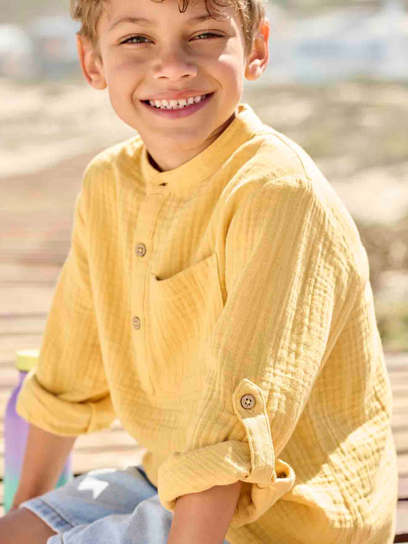 chemise en gaze de coton personnalisable garçon manches retroussables jaune