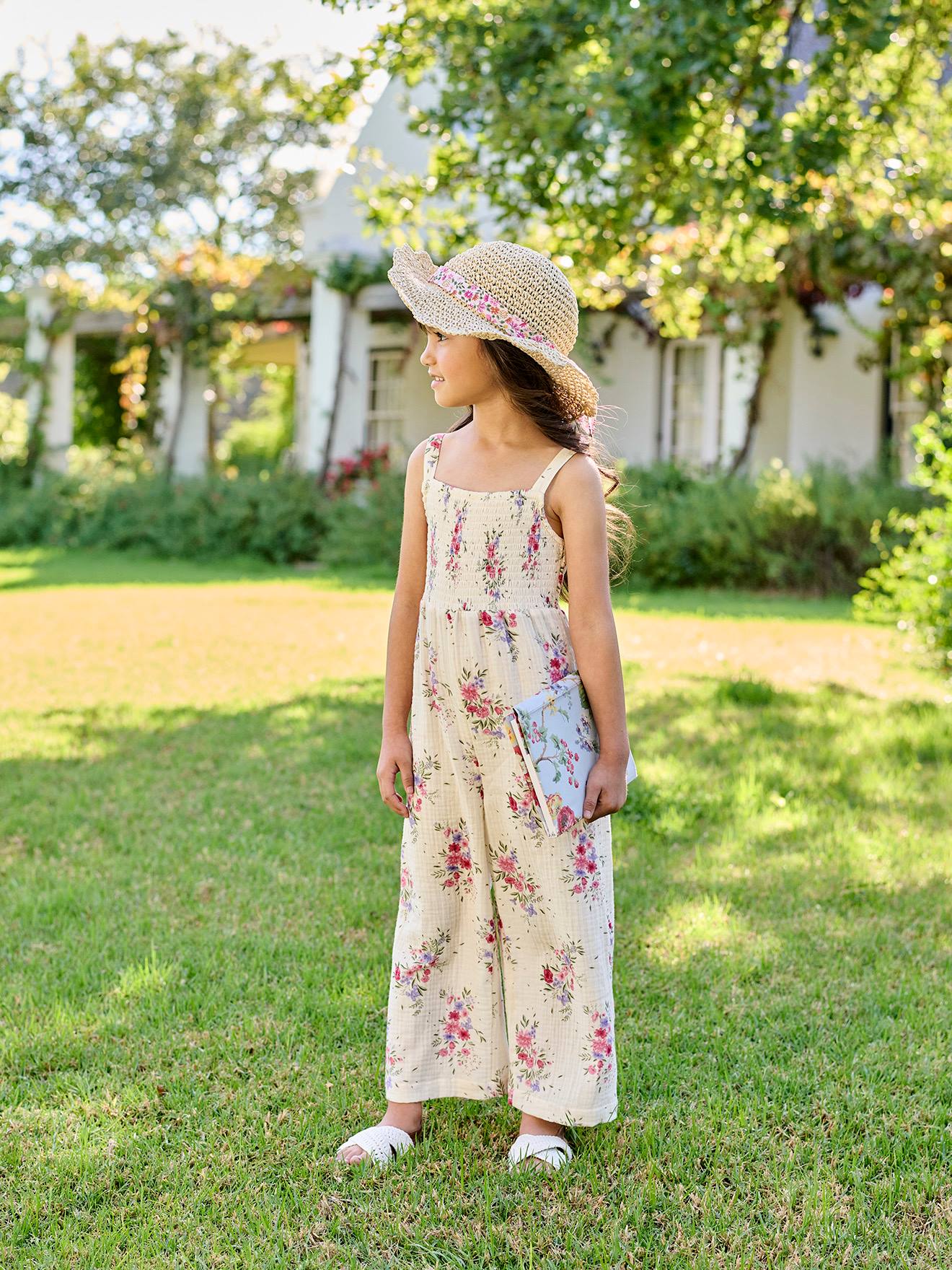 Combinaison à smocks en gaze de coton fille écru