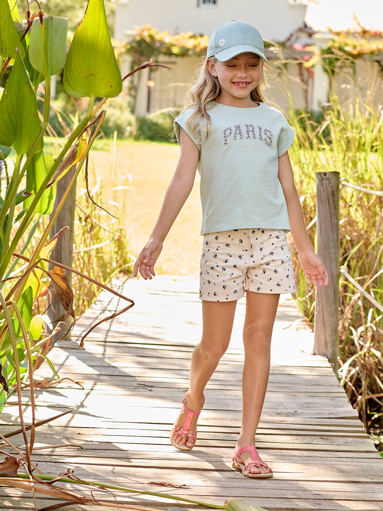 Short à fleurs fille écru