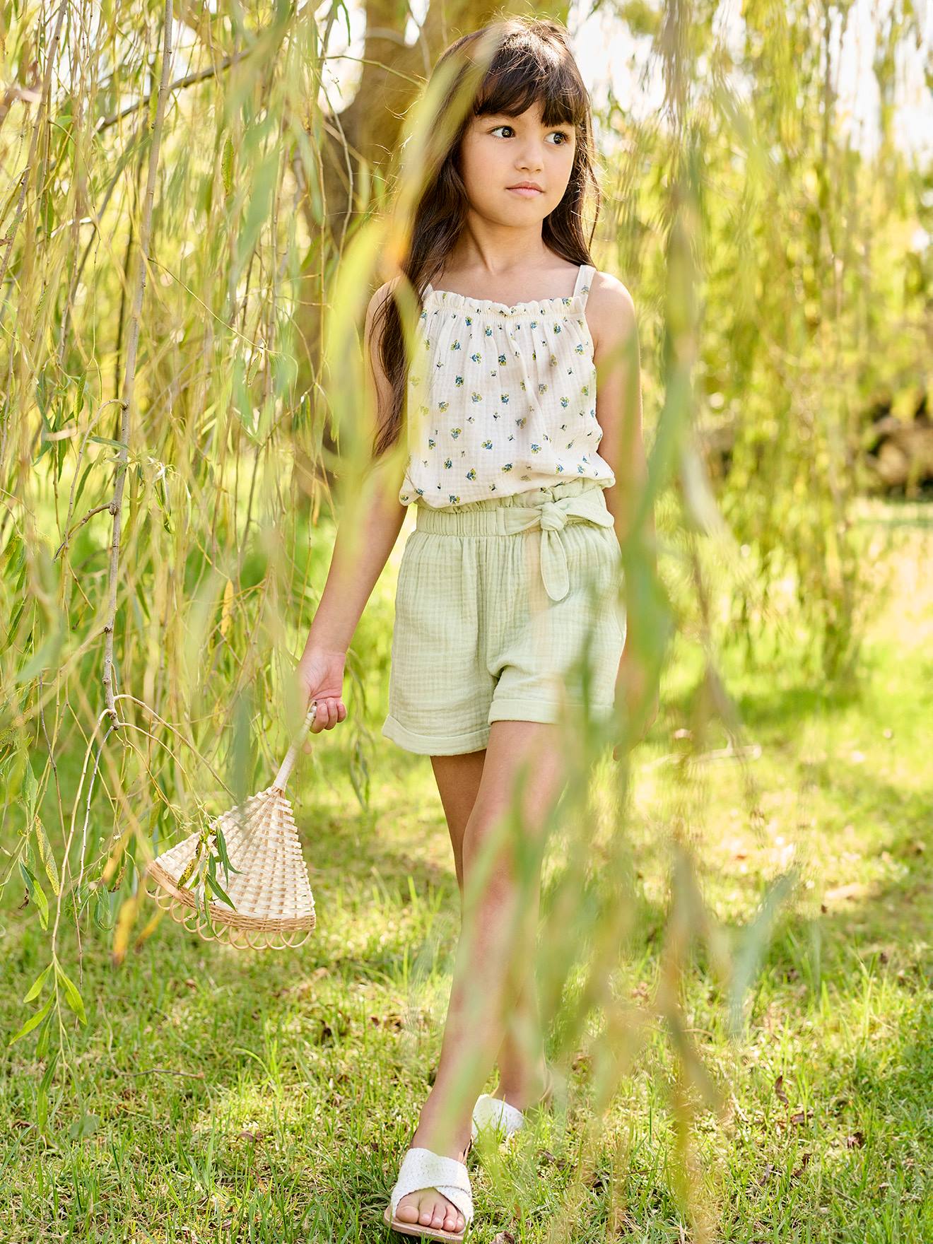 Short en gaze de coton style paperbag fille vert amande