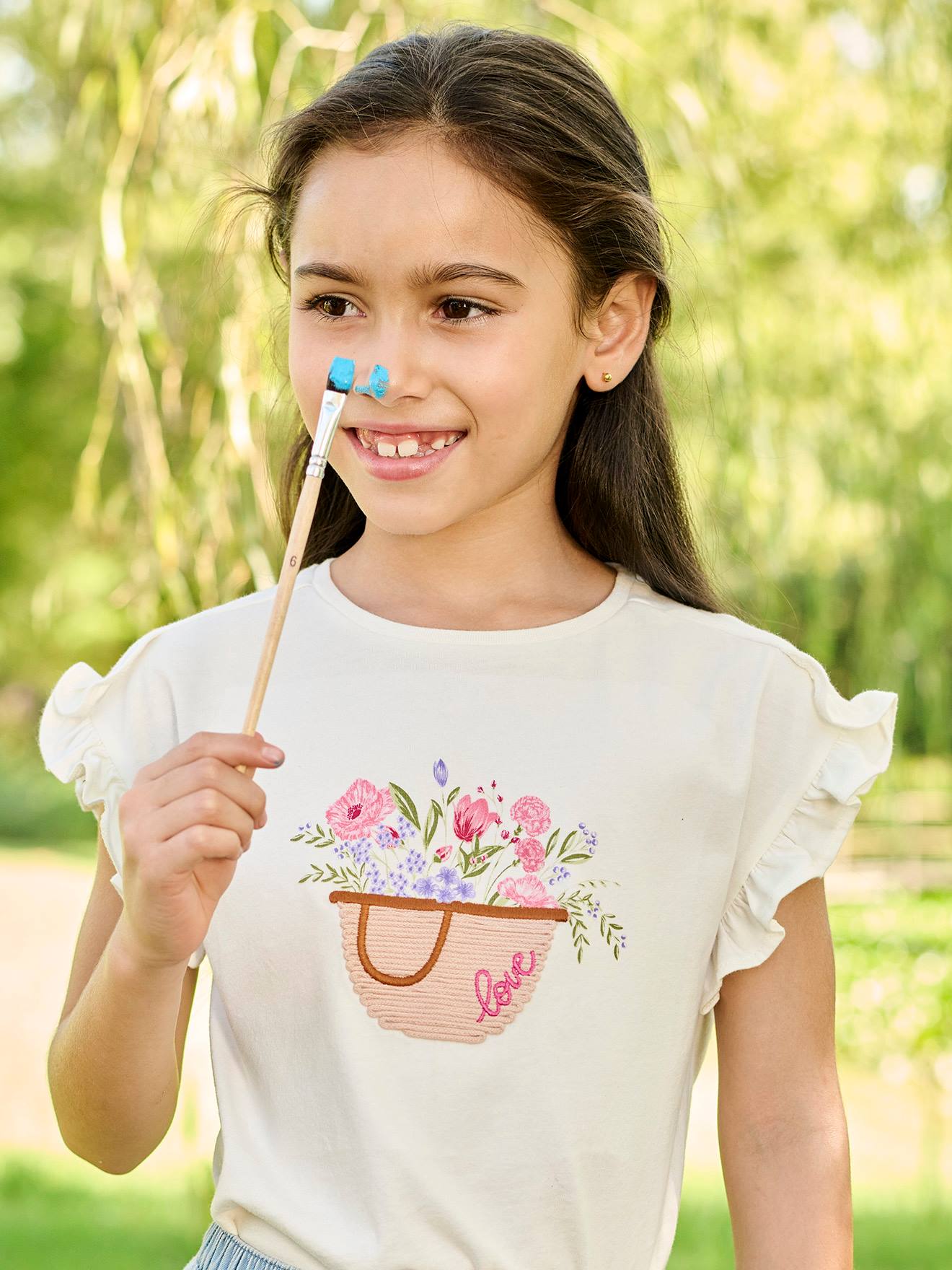 Tee-shirt brodé fille manches courtes à volants écru