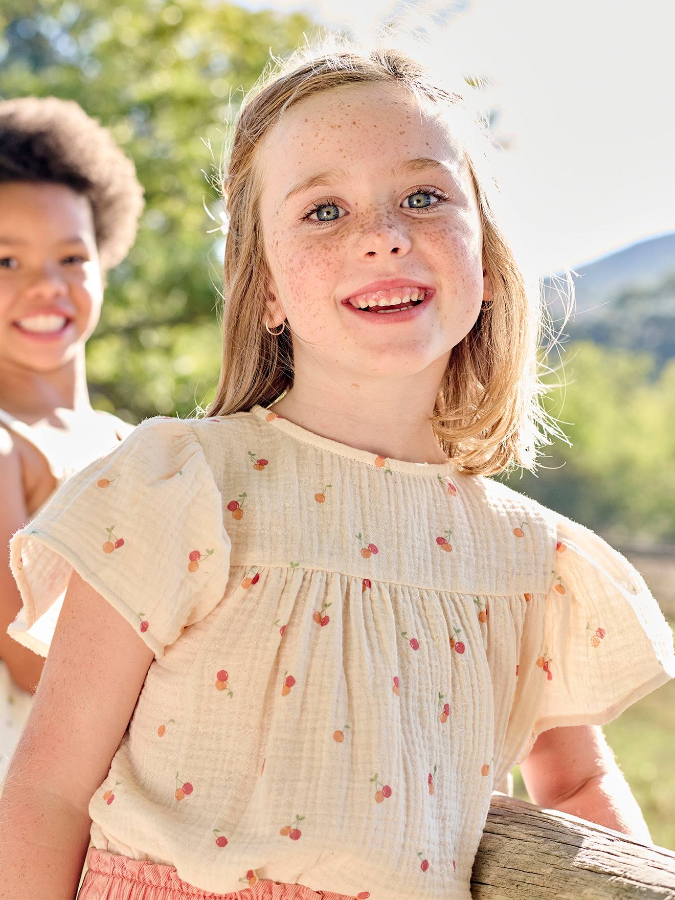 Vertbaudet - Blouse en gaze de coton bio fille manches papillon écru