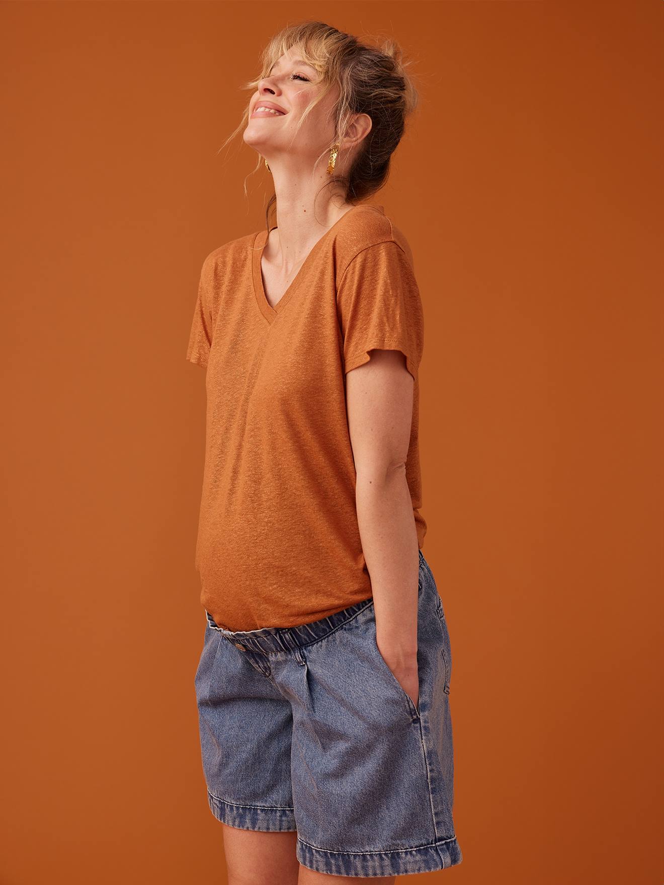 Tee-shirt grossesse col V lin irisé ENVIE DE FRAISE caramel