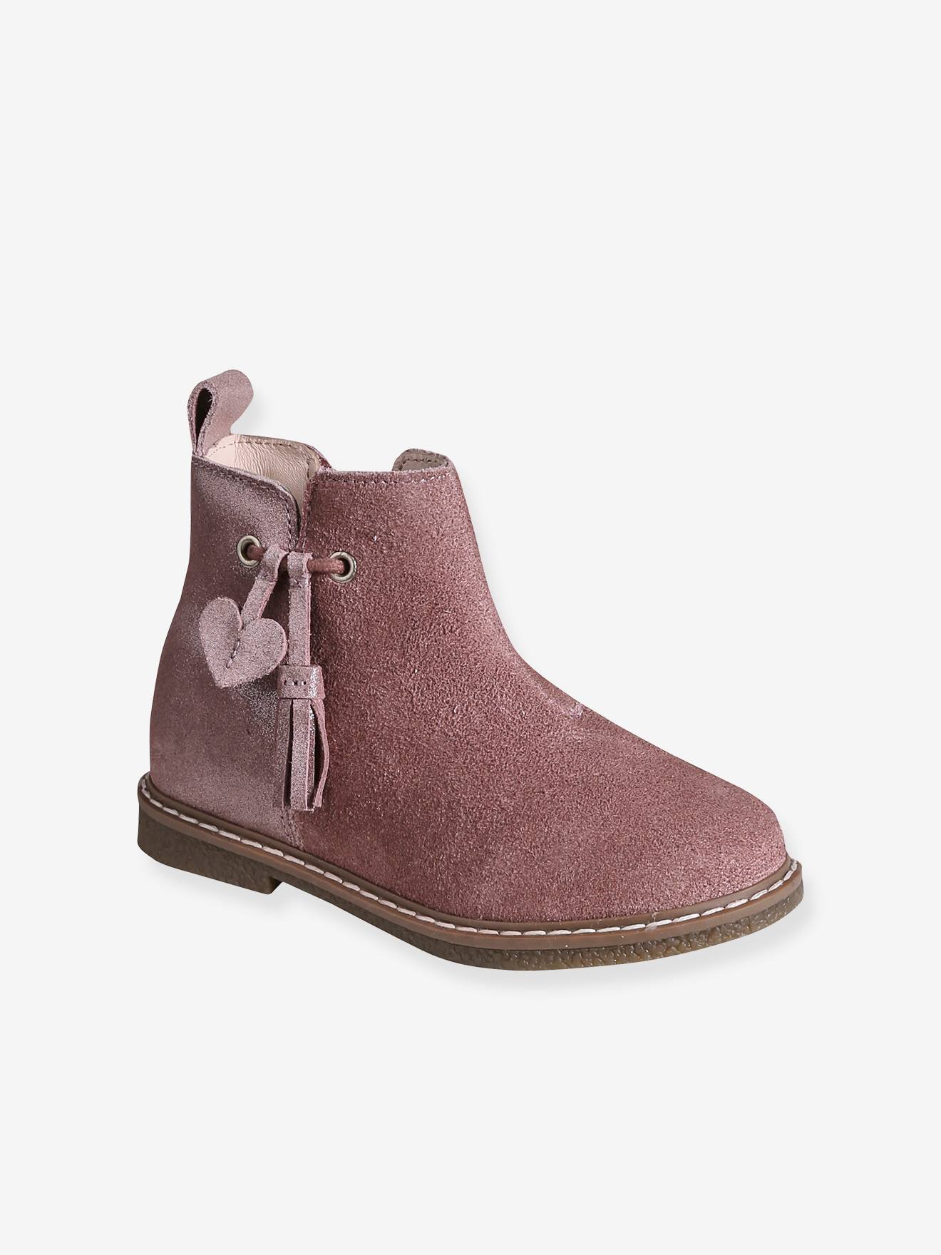 Boots enfant fille cuir à pompon zippées rose