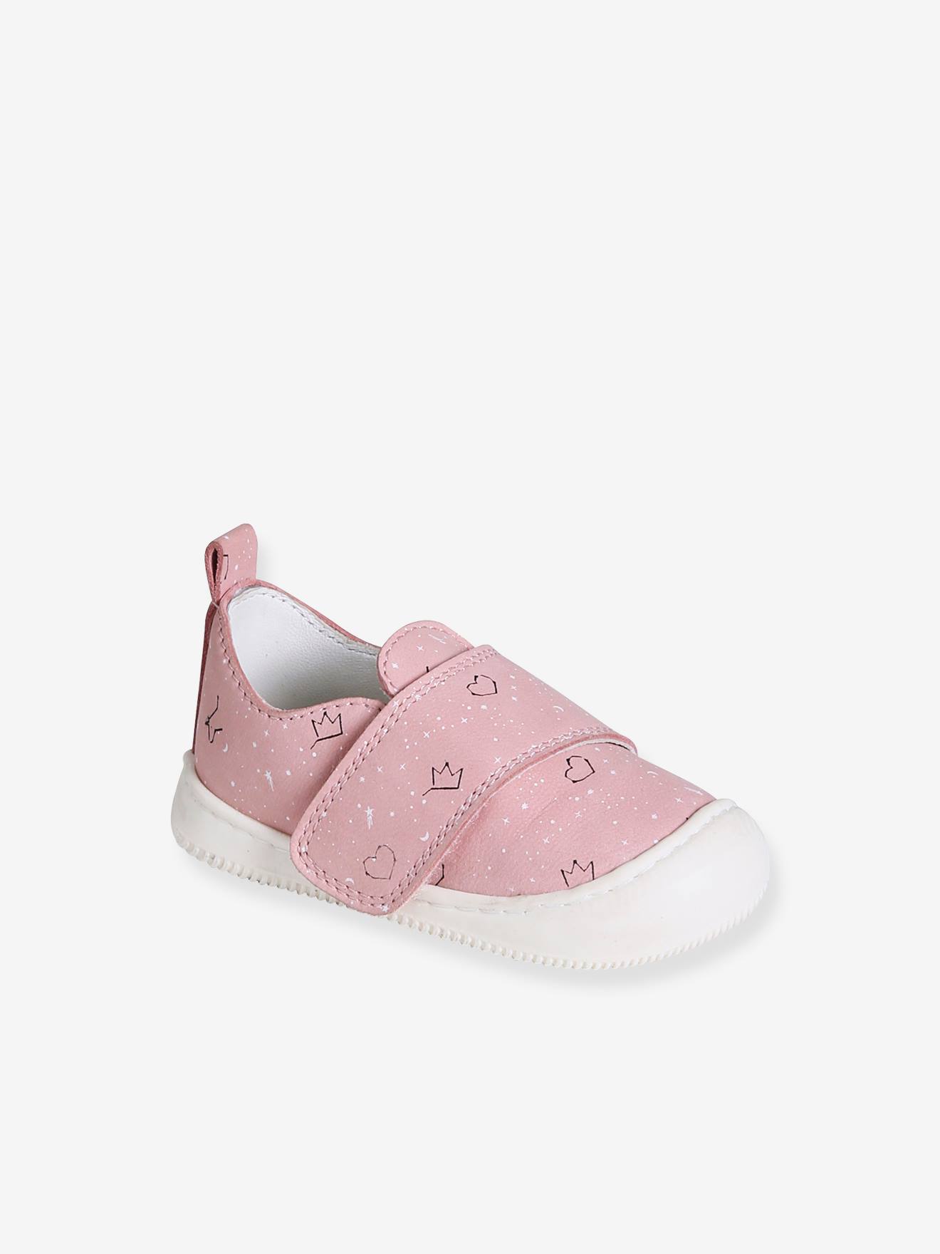 Chaussons scratchés bébé en cuir souple rose pâle