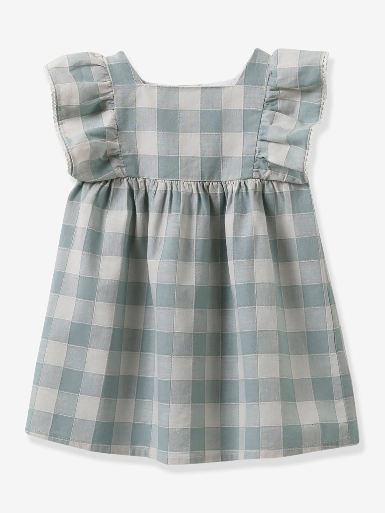 Robe À Carreaux En Lin Et Coton Bébé Cyrillus Vert D'eau