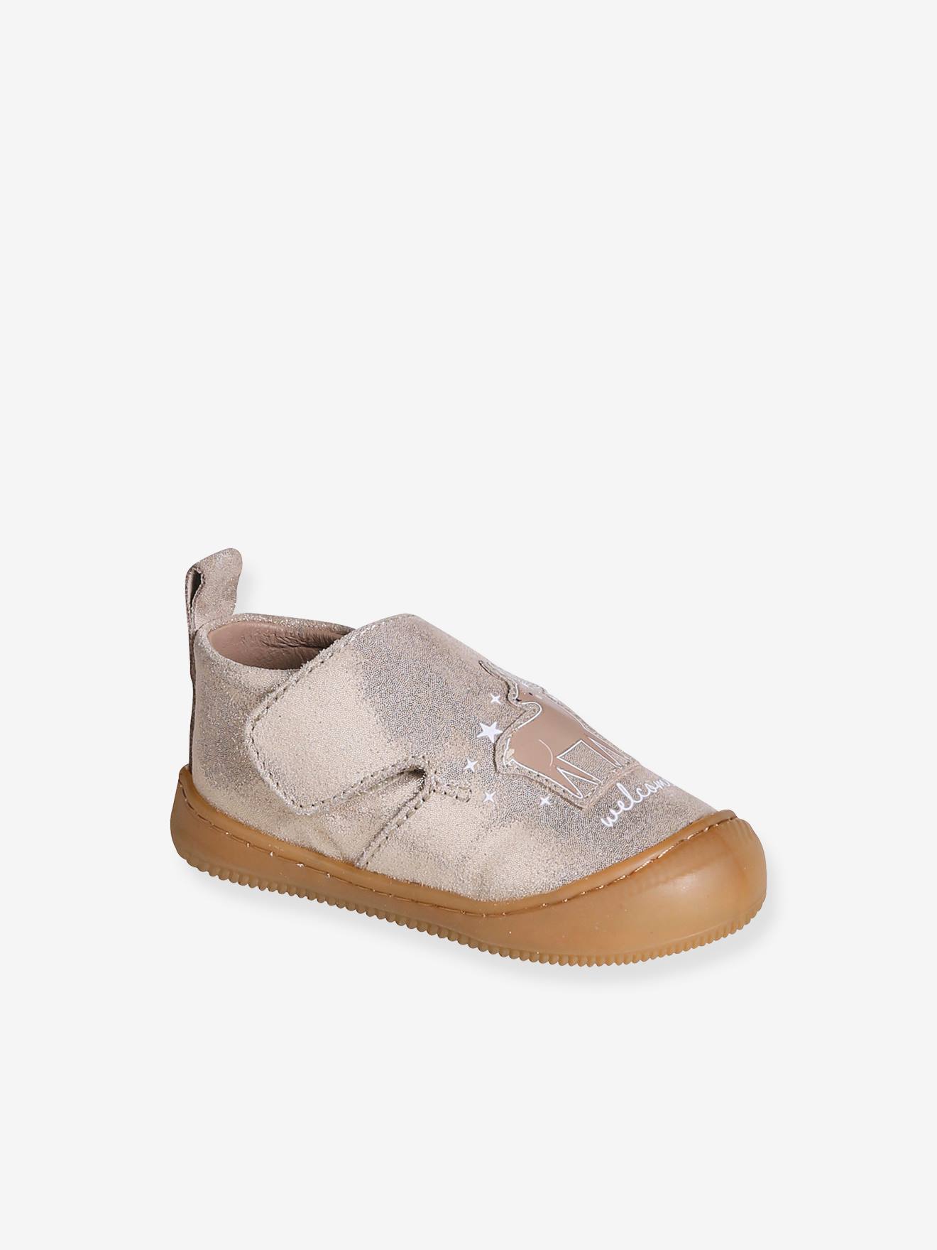 Chaussons scratchés bébé en cuir souple jaune d'or