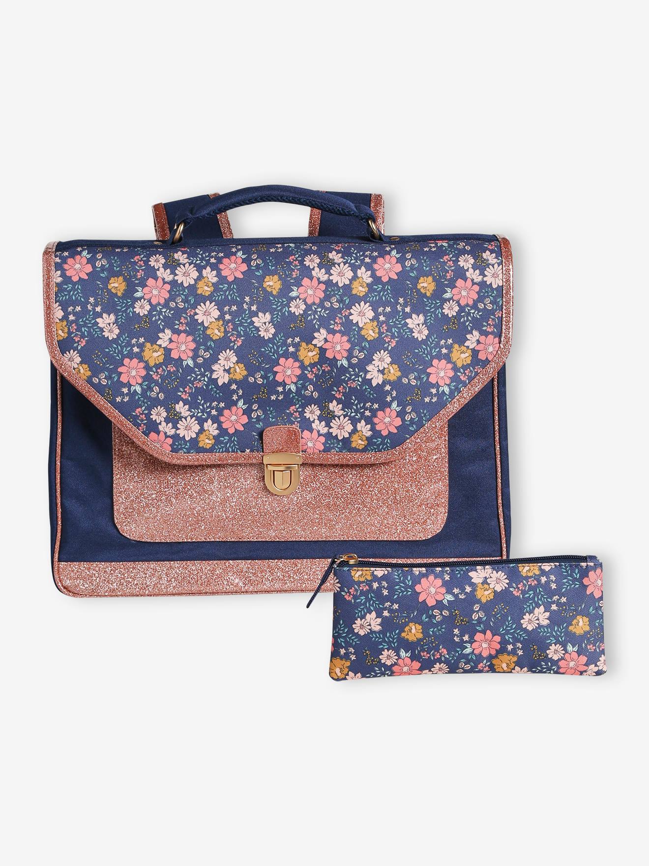 Cartable + trousse Flowers fille marine