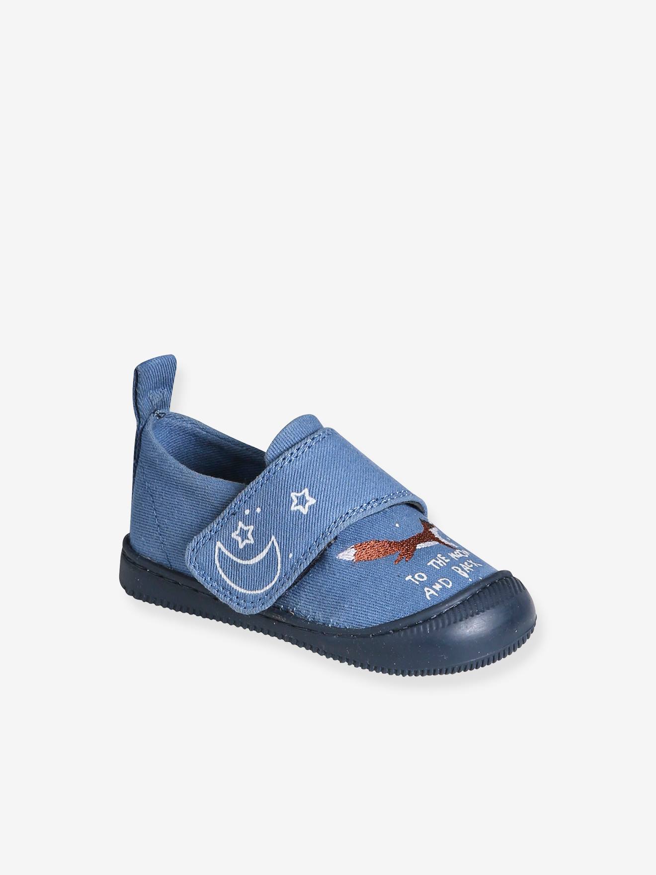 Chaussons scratchés bébé en toile denim bleu imprimé