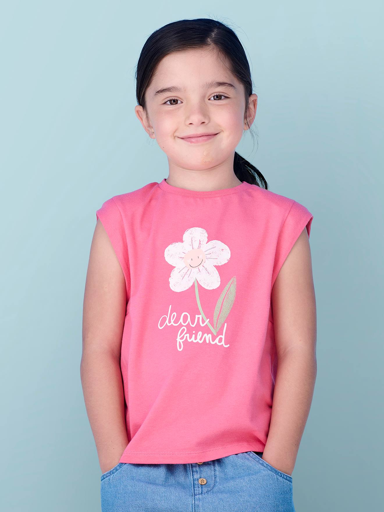 T-shirt à épaulettes motif placé fille rose bonbon