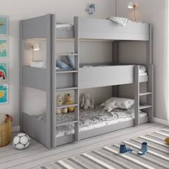 Chambre et rangement-Lit superposé triple et matelas en pin gris 90x200 Leopold