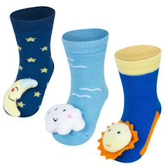 -Chaussettes d'éveil pour bébé - Sevira Kids - Céleste - Bleu - Lot de 3 paires avec hochets peluches cousus main