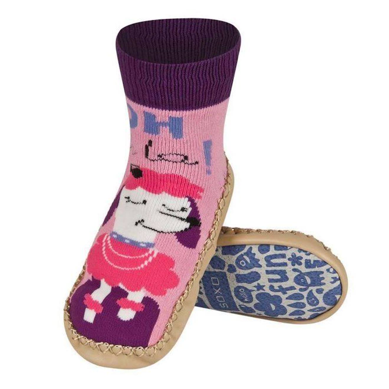 Sevira kids - Chaussons Chaussettes - Soxo - Bébé - Semelle Antidérapante - Cuir - Motif Chien Blanc